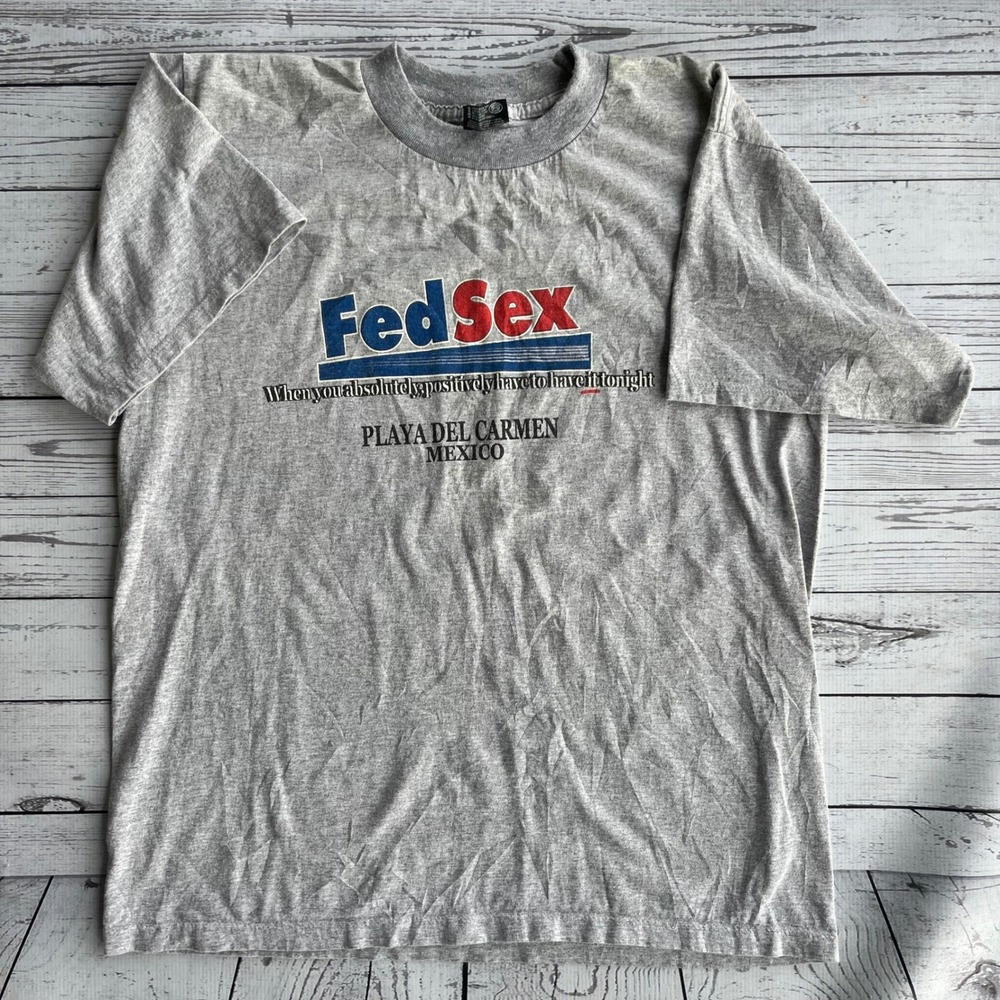 FedEx Parody FedSex Y2K‎ Retro Graphic T-Shirt Grey Mens XL Playa Del Carmen